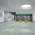Modern Indoor Fitness Space With Colorful Floor Lines Yellow Exercise Balls And Storage Cabinets