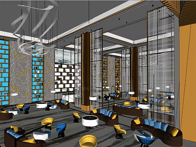 Modern Sales Office Interior With Pendant Lights Comfortable Sofas And Glass Partitions 3d model
