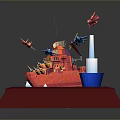 Colorful Model Scene With Red Ship Airplanes Blue Water And White Tower