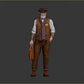 Man Wearing Brown Vest White Shirt Pants With Hat Glasses Orange Briefcase On Gray Background