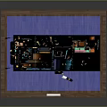 Detailed Scale Model Display With Black Structure Blue Base Wooden Frame And People Figures