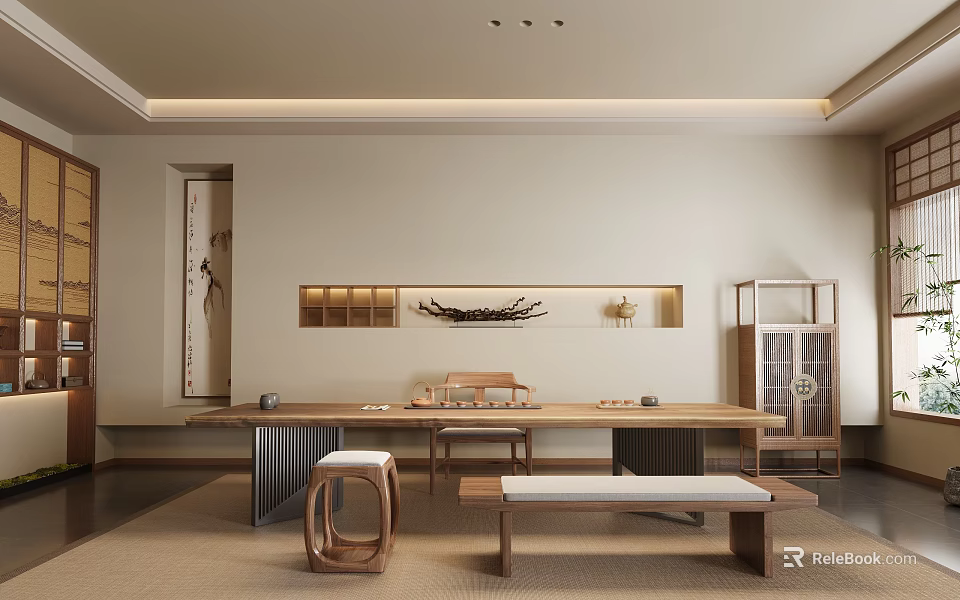 Traditional Chinese Tea Room Interior With Wooden Tea Table Chairs And Wall Shelves 3d model 