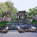 Chinese Garden Rockery Stones Surrounded by Pond Pavilion and Lush Green Trees