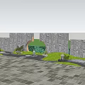 Stone Garden Wall Design In Traditional Courtyard With Circular Arch Green Plants And Stone Lantern