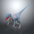 Blue Velociraptor Dinosaur With Open Mouth And Sharp Claws Standing On Gray Background
