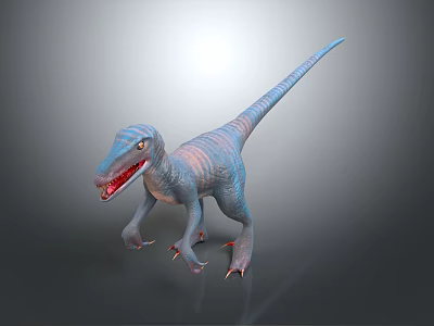 Blue Velociraptor Dinosaur With Open Mouth And Sharp Claws Standing On Gray Background 3d model