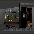 Mystical Wizard Room Interior With Stone Walls Wooden Bookshelf And Black Cat