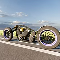 Custom Motorcycle with Large Wheels Purple Rims Metallic Body Under Blue Sky On Road