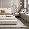 Modern Neutral Bedroom With Upholstered Bed Layered Bedding Nightstands And Floor Lamp