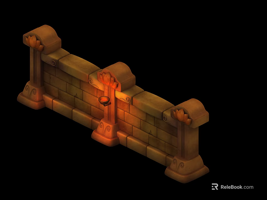 Medieval Stone Wall Structure Featuring Decorative Pillars And Lit Flaming Lantern 3d model 