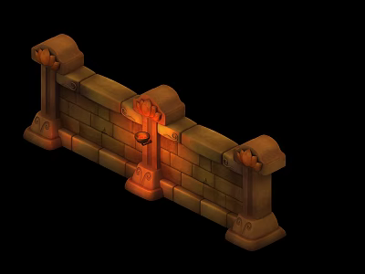 Medieval Stone Wall Structure Featuring Decorative Pillars And Lit Flaming Lantern 3d model