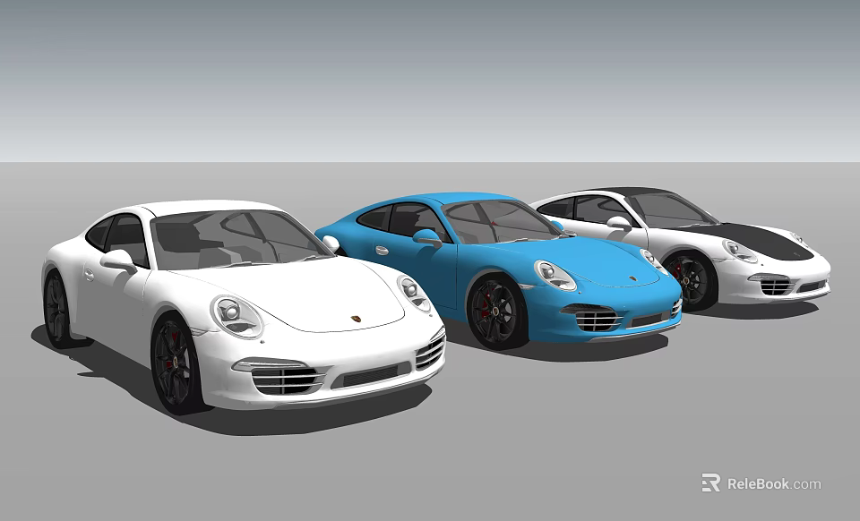 Stylish Sports Cars in White Blue and White Colors Parked Side by Side 3d model 