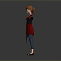 Woman With Red Hair Wearing Sunglasses Black Red Striped Dress Arms Outstretched Gray Background