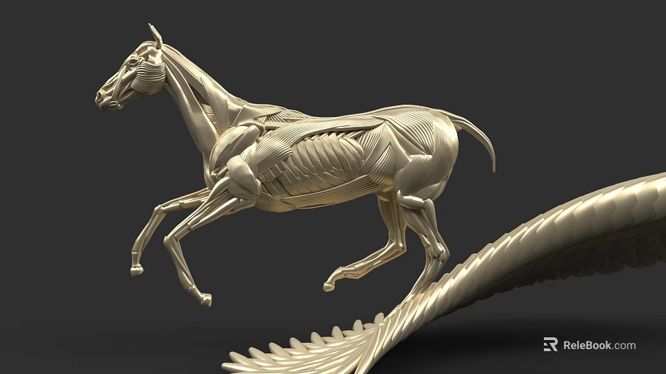 Silver Horse Anatomical Model Showing Muscle And Bone Structure In Running Pose With Feather Base 3d model 