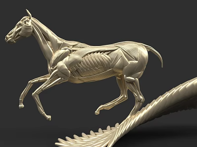 Silver Horse Anatomical Model Showing Muscle And Bone Structure In Running Pose With Feather Base 3d model