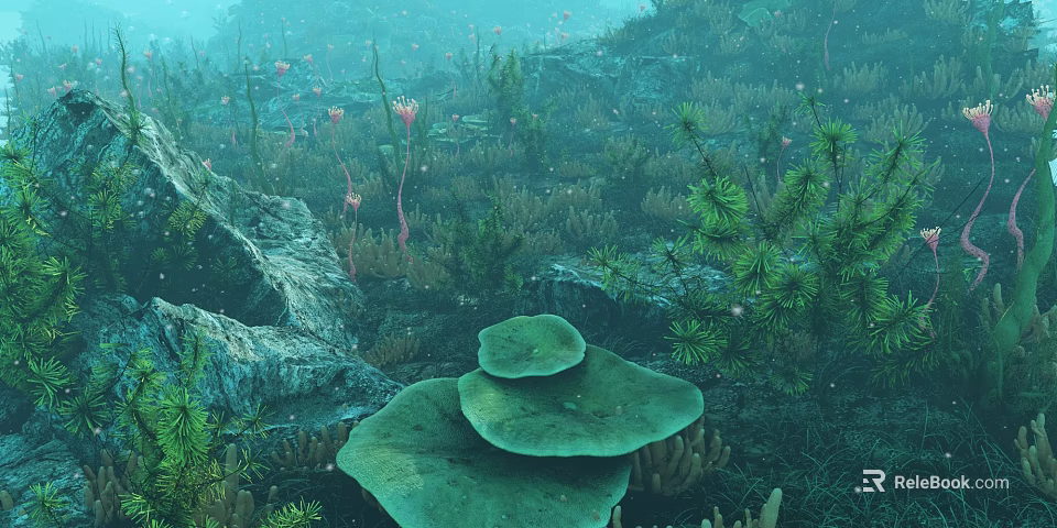 Diverse Aquatic Plants Thriving in Underwater Habitat With Rocks and Green Foliage 3d model