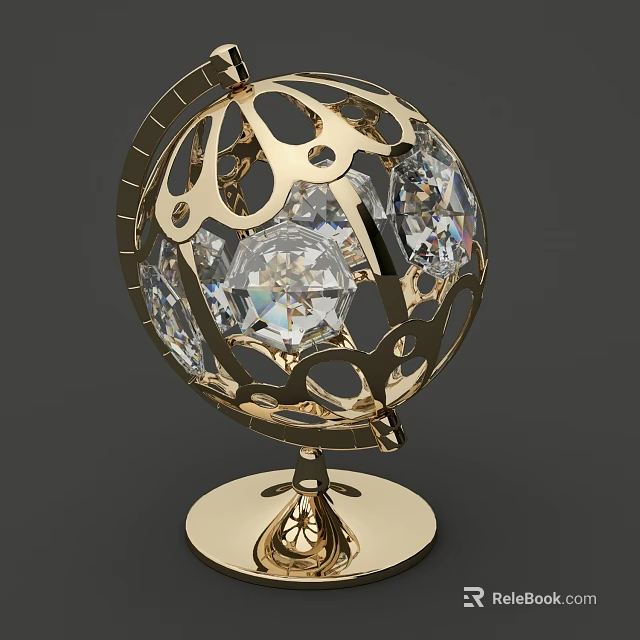 Golden Filigree Design Decorative Ornament Set With Transparent Crystals Sphere And Sturdy Base 3d model 