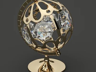 Golden Filigree Design Decorative Ornament Set With Transparent Crystals Sphere And Sturdy Base 3d model