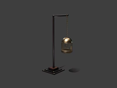 Decorative Brass Birdcage Hanging On Black Metal Stand With Square Base 3d model