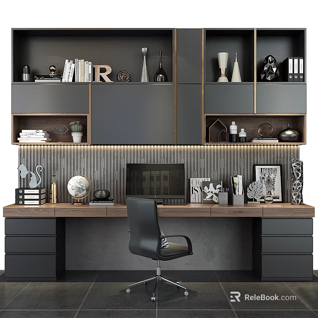 Modern Desk Interior With Bookshelves Books Decorations Computer Black Chair And Striped Wall 3d model 