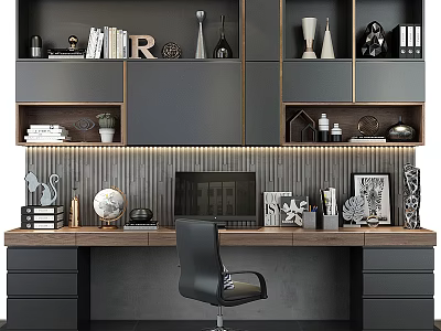 Modern Desk Interior With Bookshelves Books Decorations Computer Black Chair And Striped Wall 3d model