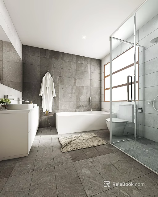 Modern Bathroom Interior With Gray Tiled Walls White Bathtub Glass Shower And White Vanity 3d model 