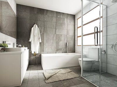 Modern Bathroom Interior With Gray Tiled Walls White Bathtub Glass Shower And White Vanity 3d model