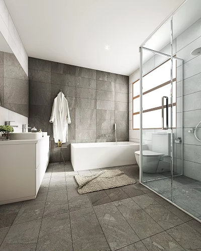 Modern Bathroom Interior With Gray Tiled Walls White Bathtub Glass Shower And White Vanity 3d model