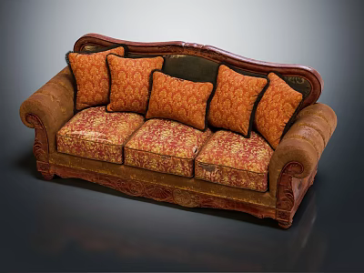 Traditional Three Seater Sofa With Wooden Frame And Ornate Floral Pattern Upholstery 3d model