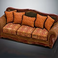 Traditional Three Seater Sofa With Wooden Frame And Ornate Floral Pattern Upholstery
