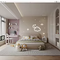 Soft Modern Kids Room Interior With Cloud Moon Neon Lights Bed Bookshelves And Stuffed Toys