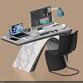 Modern Marble Desk With Laptop Monitor Desk Lamp Coffee Cup Small Plant And Black Chair