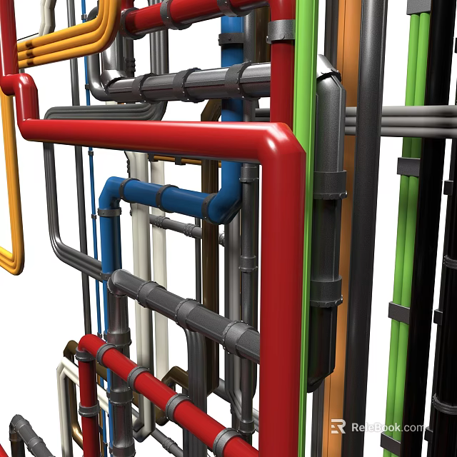 Colorful Industrial Pipe Structure With Red Blue Green And Gray Pipelines 3d model 