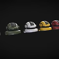 Different Colored Tactical Helmets With Face Visors And Glowing Green Accents