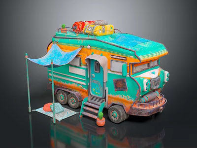 Vintage Green And Orange Camper With Luggage Plants On Roof Blue Awning And Wooden Steps 3d model