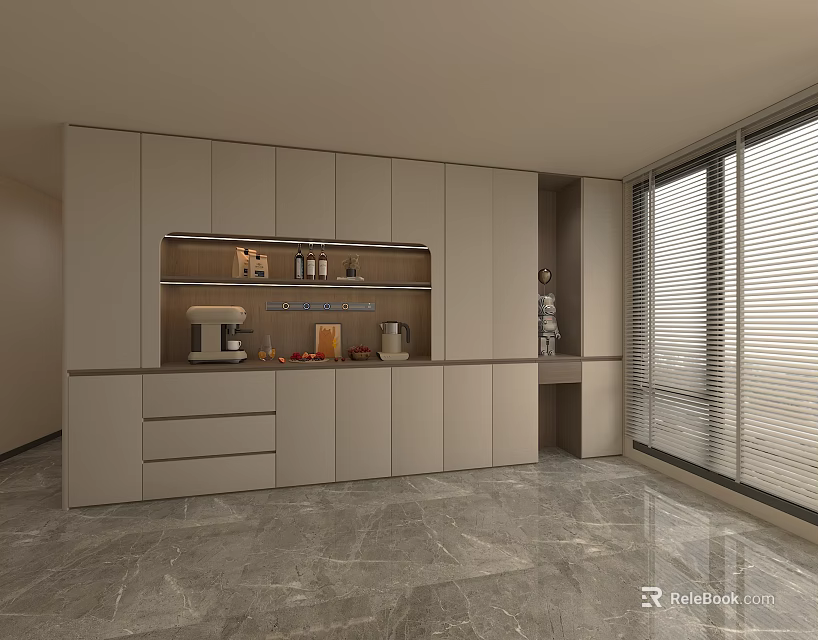 Modern Light Grey Sideboard with Multiple Drawers Open Shelf and Window Blinds 3d model