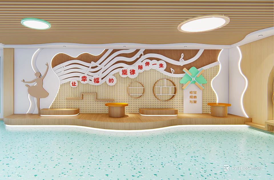 由于图片重点信息显示为儿童游泳池场景，包含温馨标语、天鹅装饰、波浪形墙面及小凳子等元素，但任务要求主体为“床尾凳”，可能存在信息偏差。基于现有元素与任务要求，生成标题如下：  

Warm Kids Area Bed Bench With Swan Decor And Wave Wall Design 3d model 