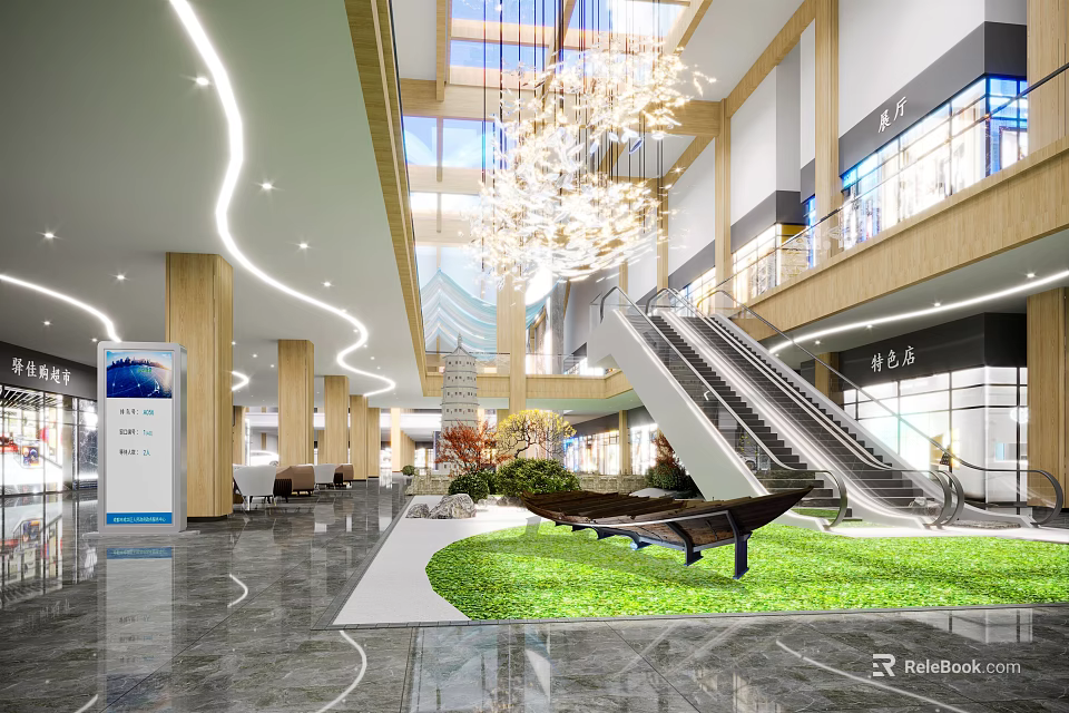 Spacious Modern Mall Lobby With Chandelier Escalator Green Grass Area And Seating 3d model 