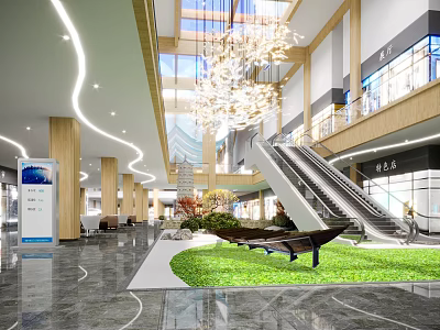 Spacious Modern Mall Lobby With Chandelier Escalator Green Grass Area And Seating 3d model
