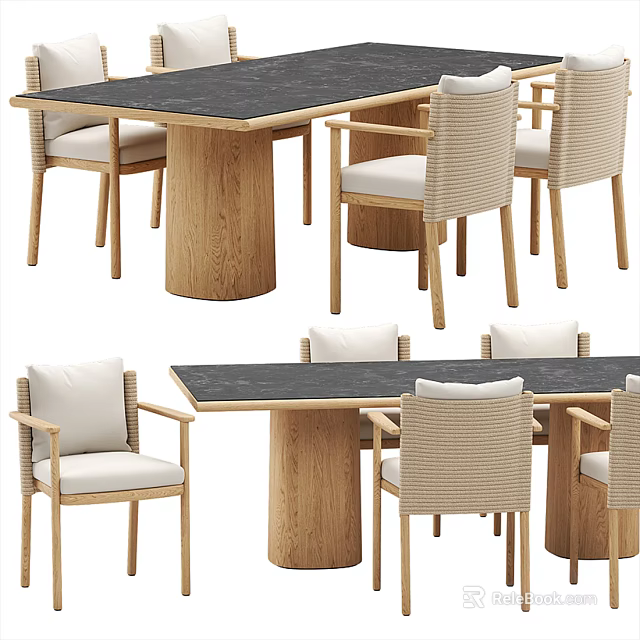 Modern Dining Table Set With Black Tabletop Wooden Legs And Woven Upholstered Chairs 3d model 