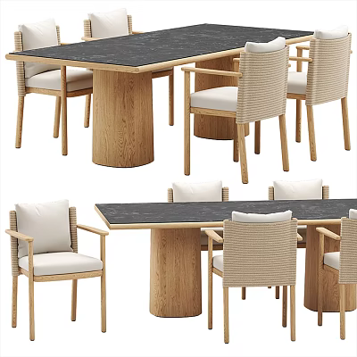 Modern Dining Table Set With Black Tabletop Wooden Legs And Woven Upholstered Chairs 3d model