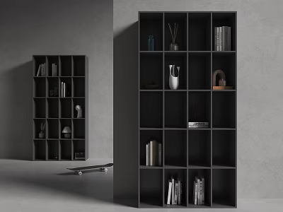 Modern Black Bookcase With Cube Shelves Holding Books Decorative Vases And Ornaments 3d model