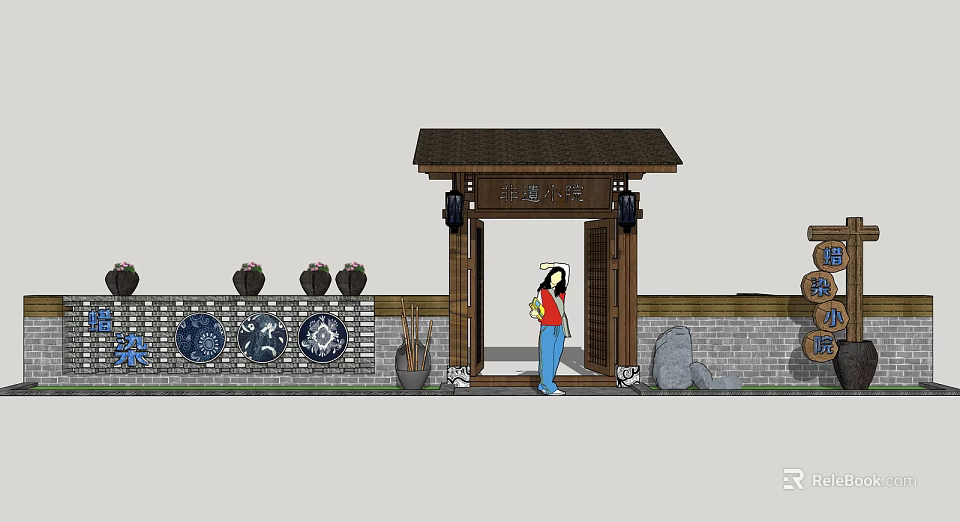 Traditional Wooden Entrance Gate with Roof Brick Walls Circular Decorations Flower Pots and Person Standing 3d model 