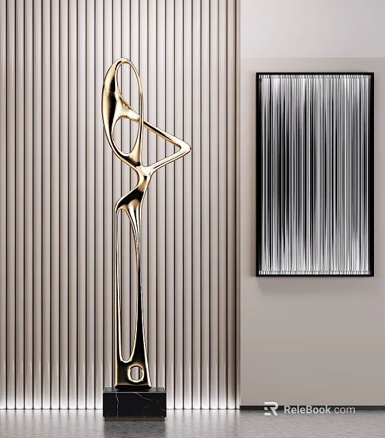 Golden Abstract Sculpture Decor On Striped Wall With Vertical Line Painting 3d model 