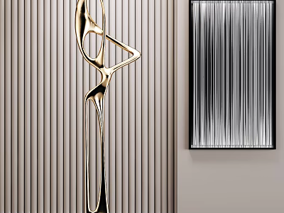 Golden Abstract Sculpture Decor On Striped Wall With Vertical Line Painting 3d model