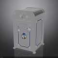 White Trash Bin With Blue Trim And Blue Bin Label Featuring Cartoon Graphic