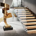 Modern Staircase With Glass Railing LED Strip Lighting Metallic Sculpture And Vertical Slat Wall