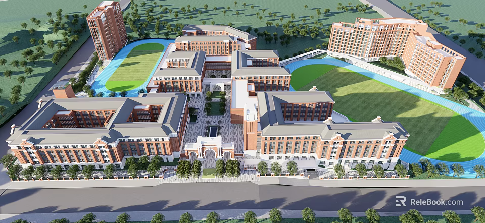 School Campus Buildings With Classroom Structures Green Lawns Trees And Sports Field 3d model 