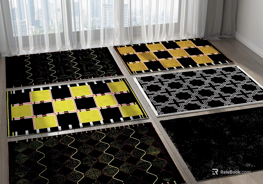 Colorful Square Rugs Featuring Geometric And Wave Patterns In Black Yellow White Tones 3d model 