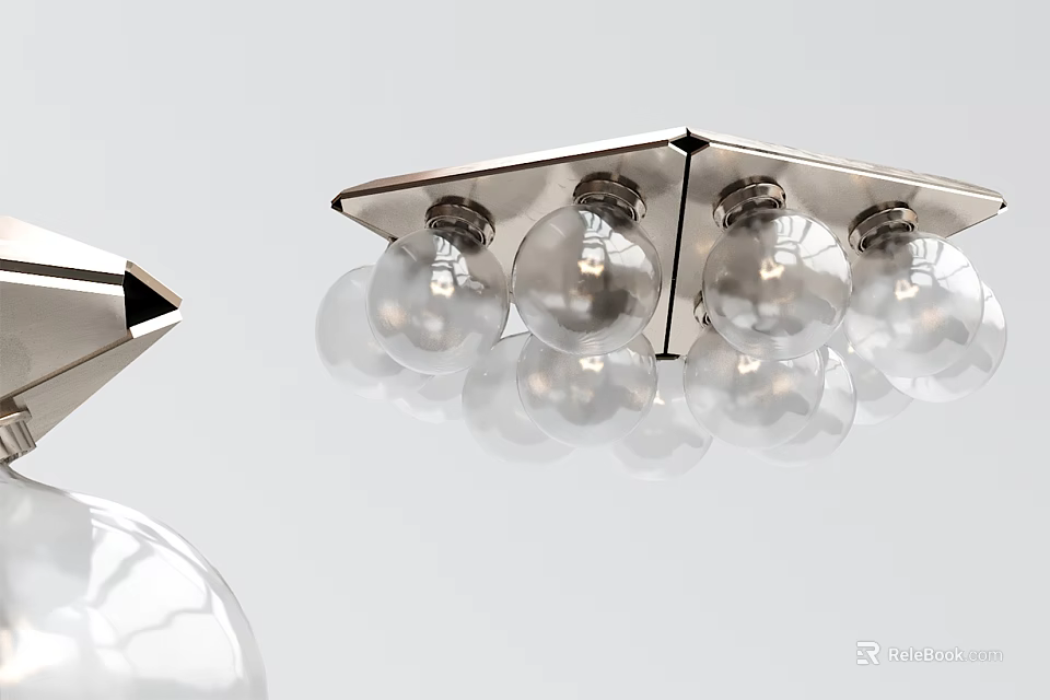 Modern Ceiling Light with Transparent Glass Bulbs and Sleek Silver Metal Frame 3d model 